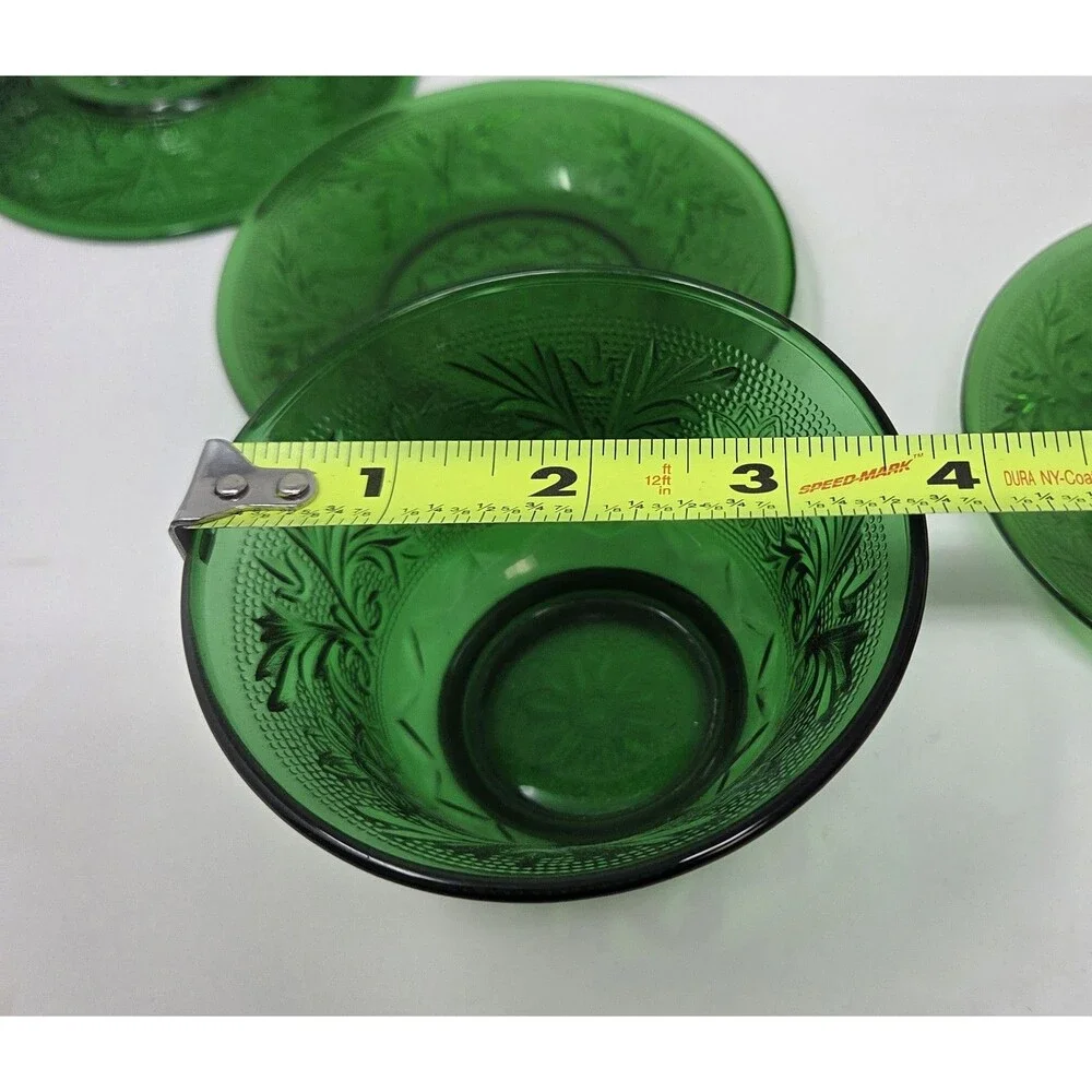 6 Vintage Anchor Hocking Forest Green Sandwich Custard Cups Set And Saucer‎ Set